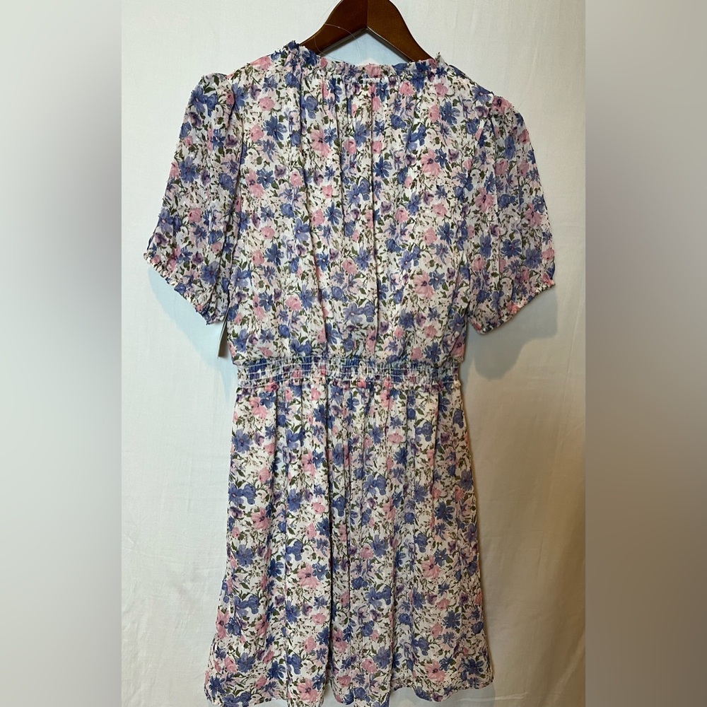 NWT- LUSH Floral Print Short Sleeve Dress w.Elasticated Waist&Frill Collar- Sz L - Picture 2 of 12
